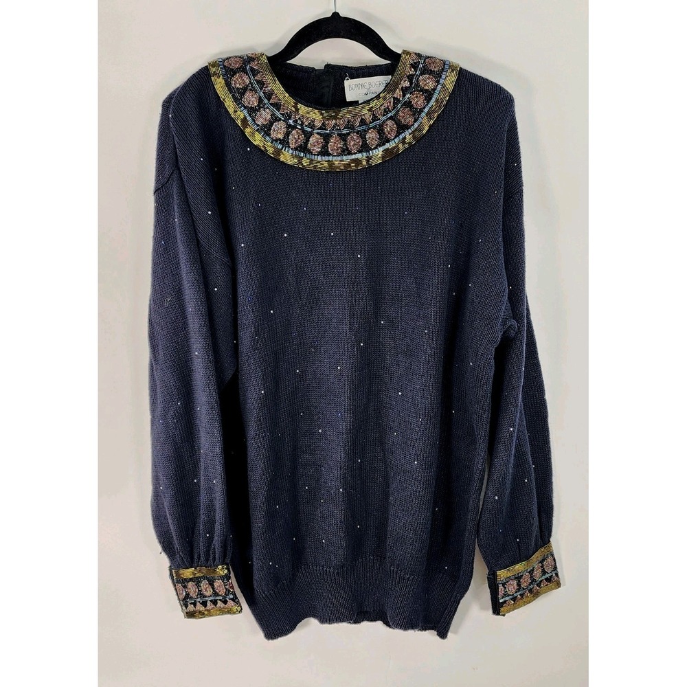 Vtg Bonnie Boerer Sweater Women's M Black Beaded Accent 80's 90's Y2K